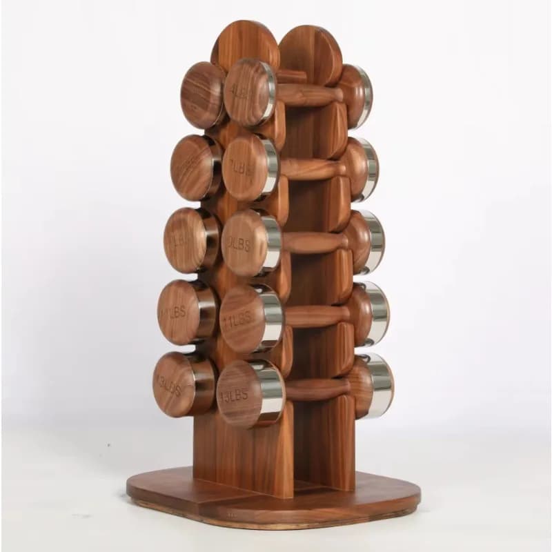 Luxury Home Hotel Fitness Equipment Stainless Steel and Wood Dumbbells Free Weight Log Frame Elegant Fitness Design