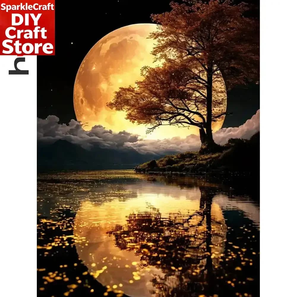 Dipinto Diamantato Non Incorniciato con Diamanti Quadrati e Rotondi, Paesaggio Fluviale e Lunare, Mosaico Diamantato, Arte Decorativa