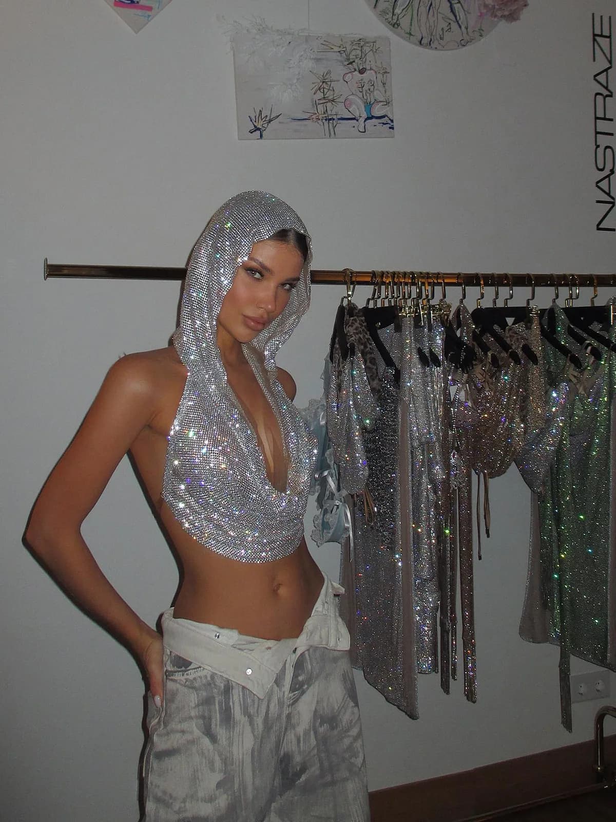 T-shirt da donna sexy in rete trasparente con strass lucidi a rete scava fuori crop top senza maniche copricostume da spiaggia canotte da party club