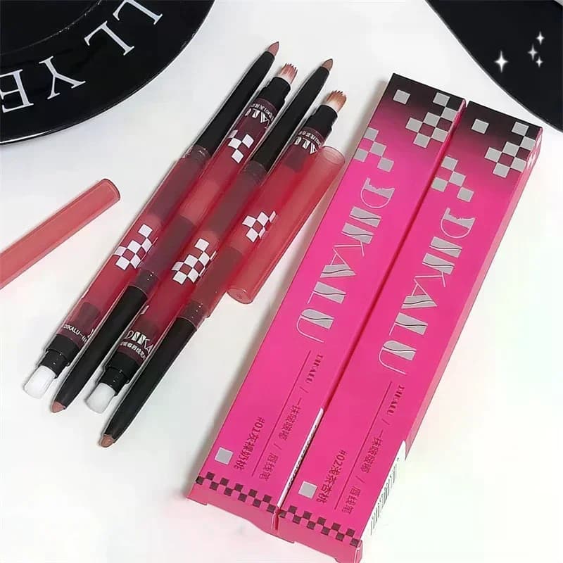 DIKALU Matita Labbra Opaca con Pennello, Doppia Punta, Tinta Contorno Labbra Nude Grigio Rosa, Rossetto a Lunga Durata Anti-trasferimento, Trucco Labbra