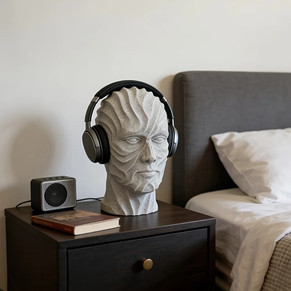 Supporto per Cuffie a Forma di Testa Umana con Texture in Finta Pietra, Scultura Artistica Stampata in 3D, Decorazione Moderna e Creativa per Scrivania