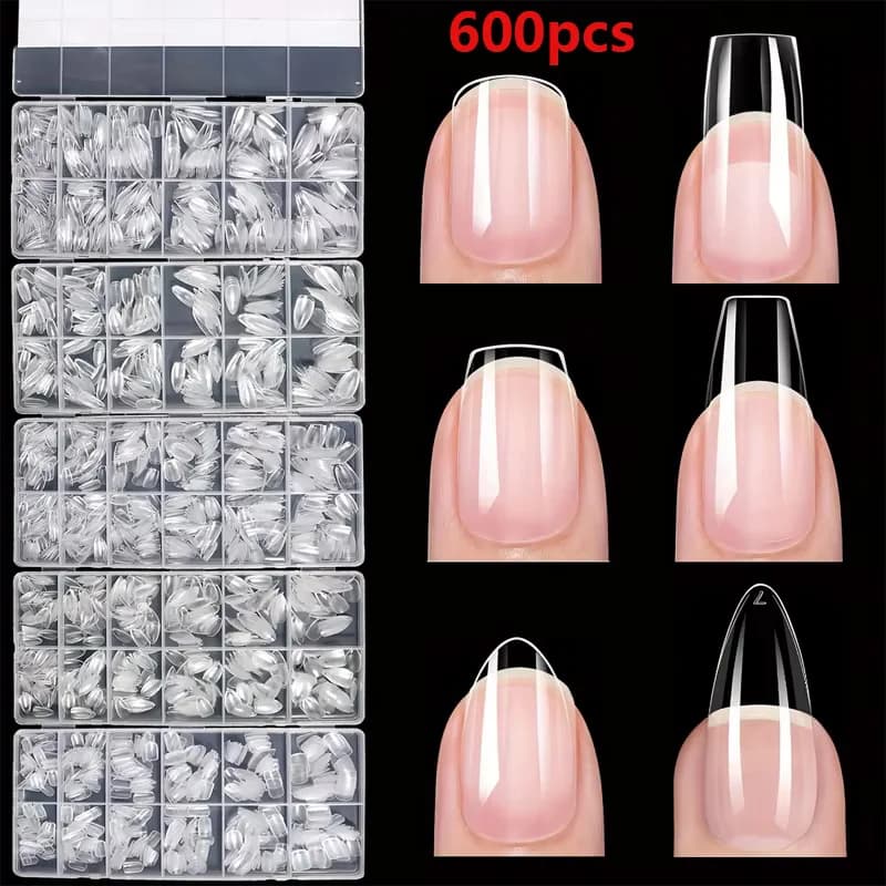 600 pezzi di adesivi per unghie finte a copertura totale, stile a spillo, a forma di mandorla, a forma quadrata, a punta, stile francese, adesivi per extension per unghie in gel rimovibili in confezione in capsule