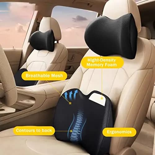Cuscino poggiatesta e supporto lombare per auto in memory foam con rivestimento in rete traspirante, design ergonomico per il comfort della schiena