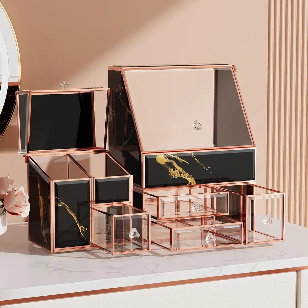 Organizzatore per il trucco nero, organizer da toeletta in vetro per prodotti per la cura della pelle, profumi, pennelli e rossetti – Scatola porta trucchi da appoggio per donna