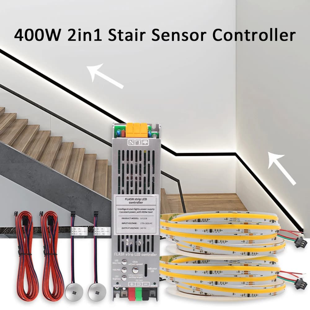 24V 400W 2in1 Kit controller luce scale 5M 10M 15M COB Strisce di flusso d'acqua corrente PIR Sensore di movimento Controller illuminazione scale