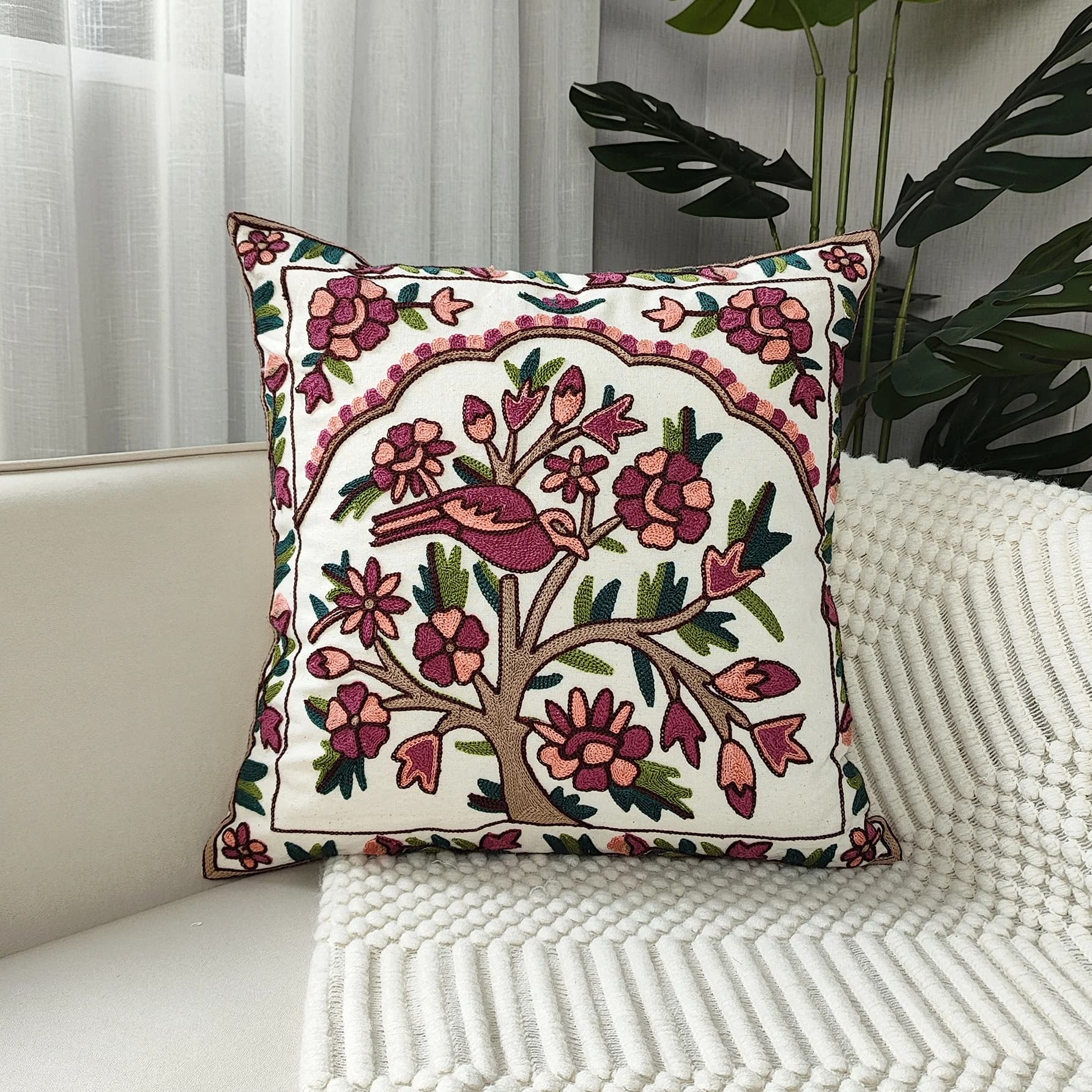 1 pz, federa ricamata con fiori d'albero colorati e uccelli, fodera per cuscino, per divano della camera da letto del soggiorno