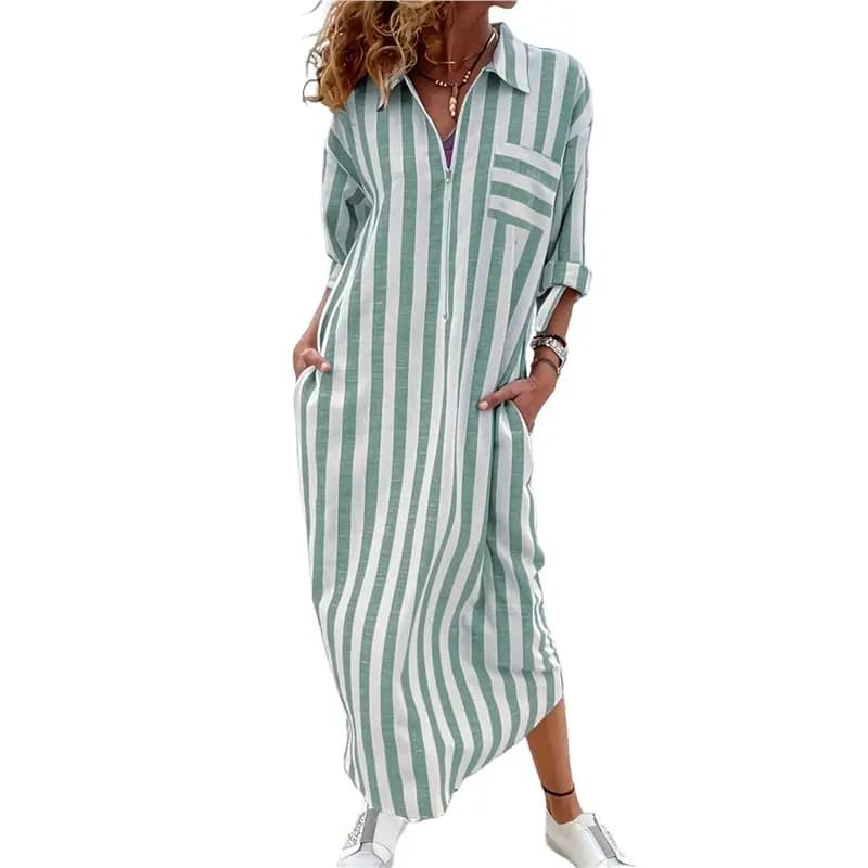 CYL-Women's Summer 3/4 Sleeve Striped Shirt Dress Business Casual Half Zipper Maxi Long Beach Dress