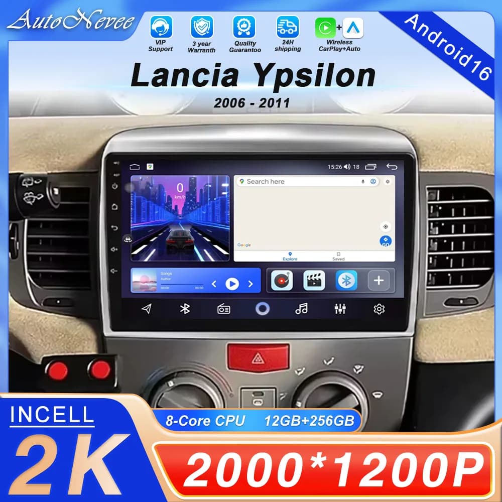 Android 16 per Lancia Ypsilon 2006-2011, Sistema Multimediale con Android Auto, Carplay, Navigazione GPS, Radio, Wi-Fi, DVD, Schermo QLED 5G