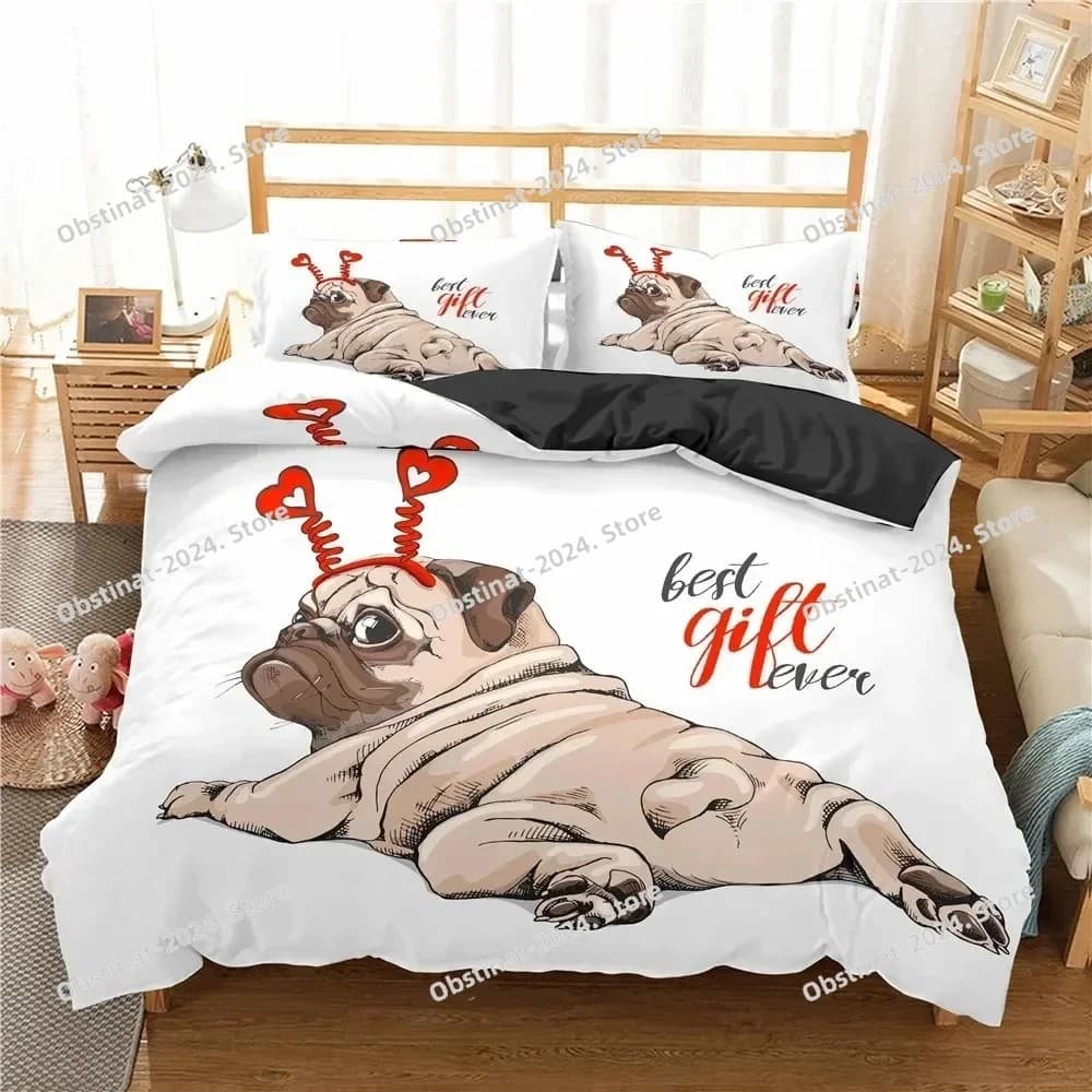 Set di biancheria da letto per cani carlino cartone animato animale stampato piumino singolo trapunta copripiumino federa set da 3 pezzi per bambini taglia adulto