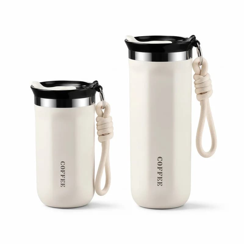 Tazza Termica da Viaggio in Acciaio Inox 350ML 500ML con Coperchio e Manico a Corda, Portatile per Auto e Ufficio