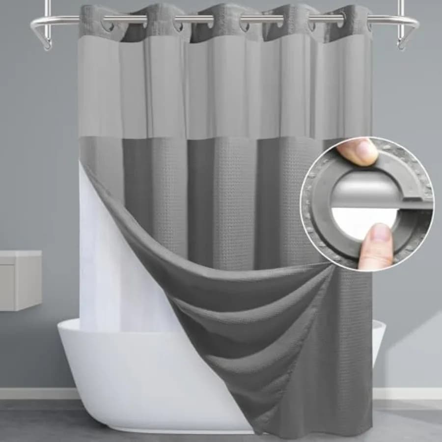 Set Tenda Doccia e Rivestimento Grigio - Tenda da Bagno Pesante di Lusso per Hotel, Tessuto Waffle 230GSM, 71L x 74A