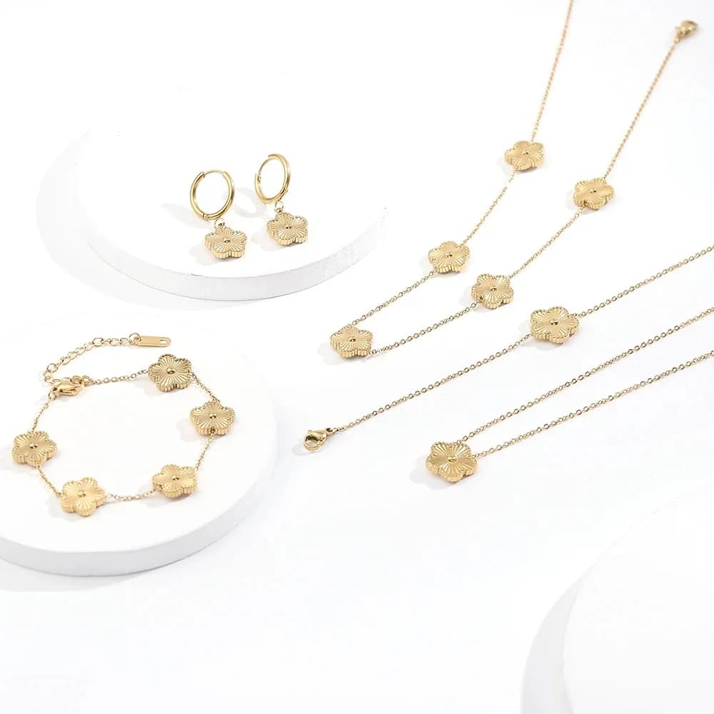 Plum Blossom Metal Laser Five Leaf Flower Bracelet Necklace Earrings for Women Gift Fashion Stainless Steel Clover Jewelry Set