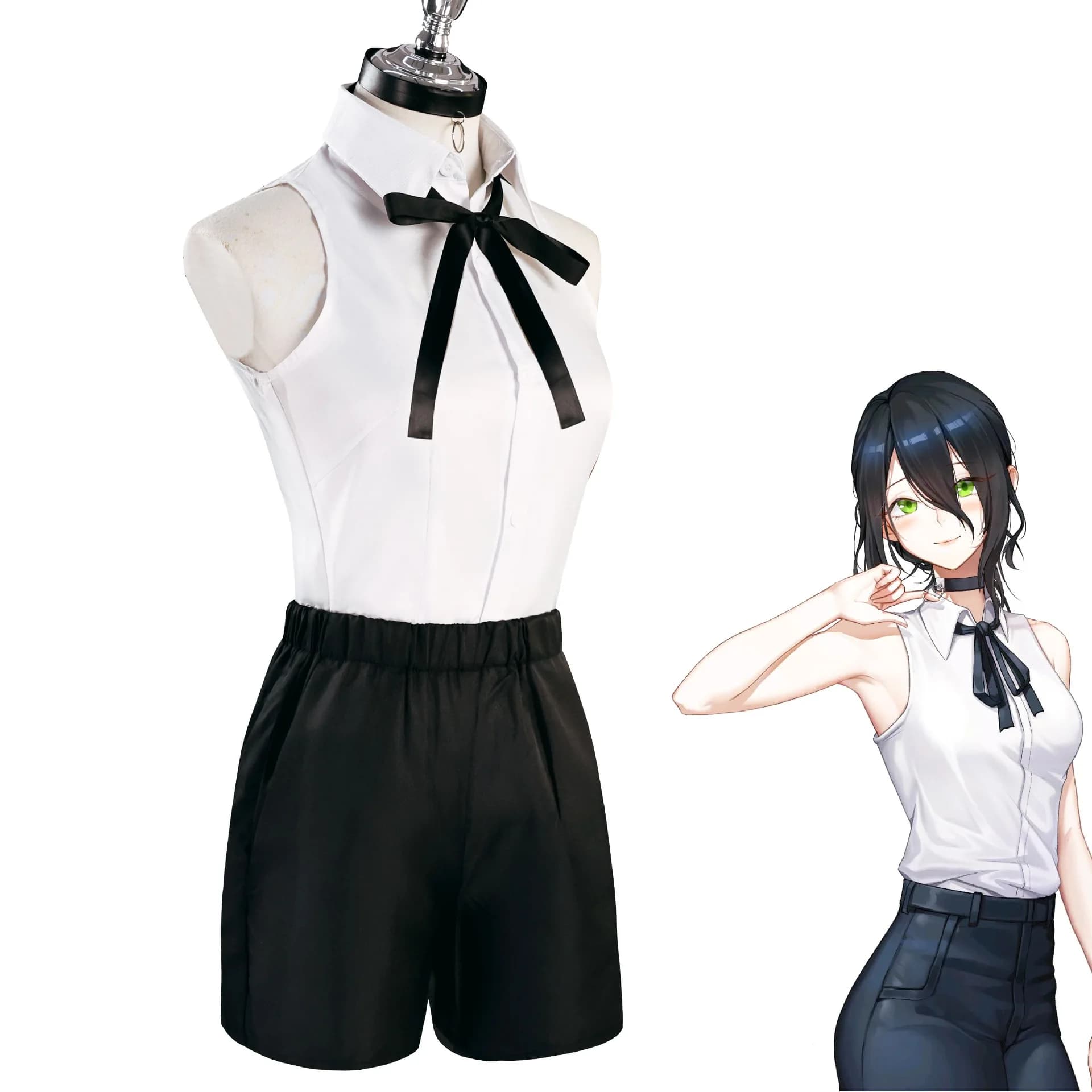 Anime Inspired Sleeveless Shirt Shorts Set Women Bow Decor Uniform Outfit Daily Party Role Play Cosplay Costume