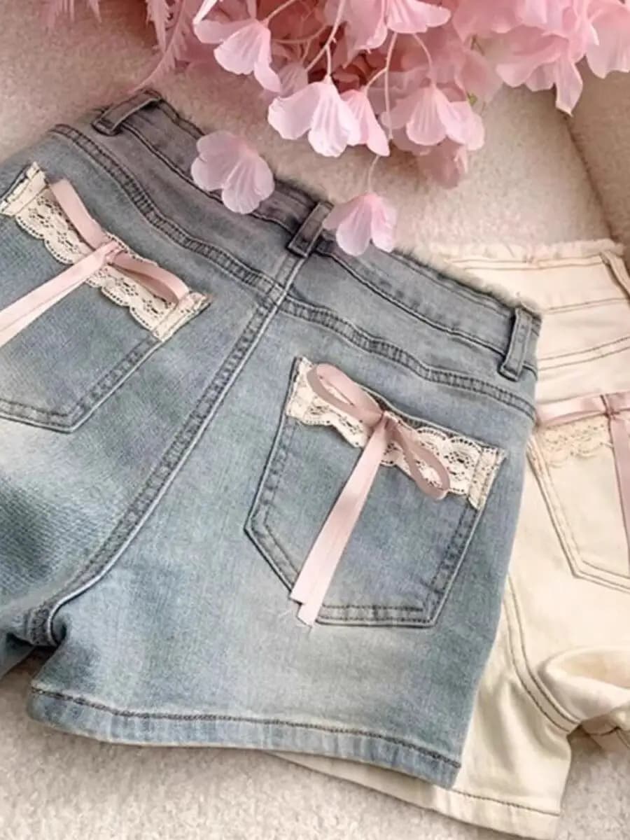 plus Size Lace Knot Thick Hip Denim Shorts Women's Summer Thin Age Reduction Slim A-Line Shorts Fat MM