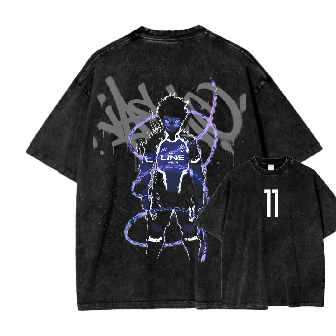 T-shirt Oversize in Cotone con Stampa Catena Numero 11 Isagi Yoichi Blue Lock, Lavaggio Effetto Usurato, Manica Corta, Streetwear Uomo Donna, Estate 2026