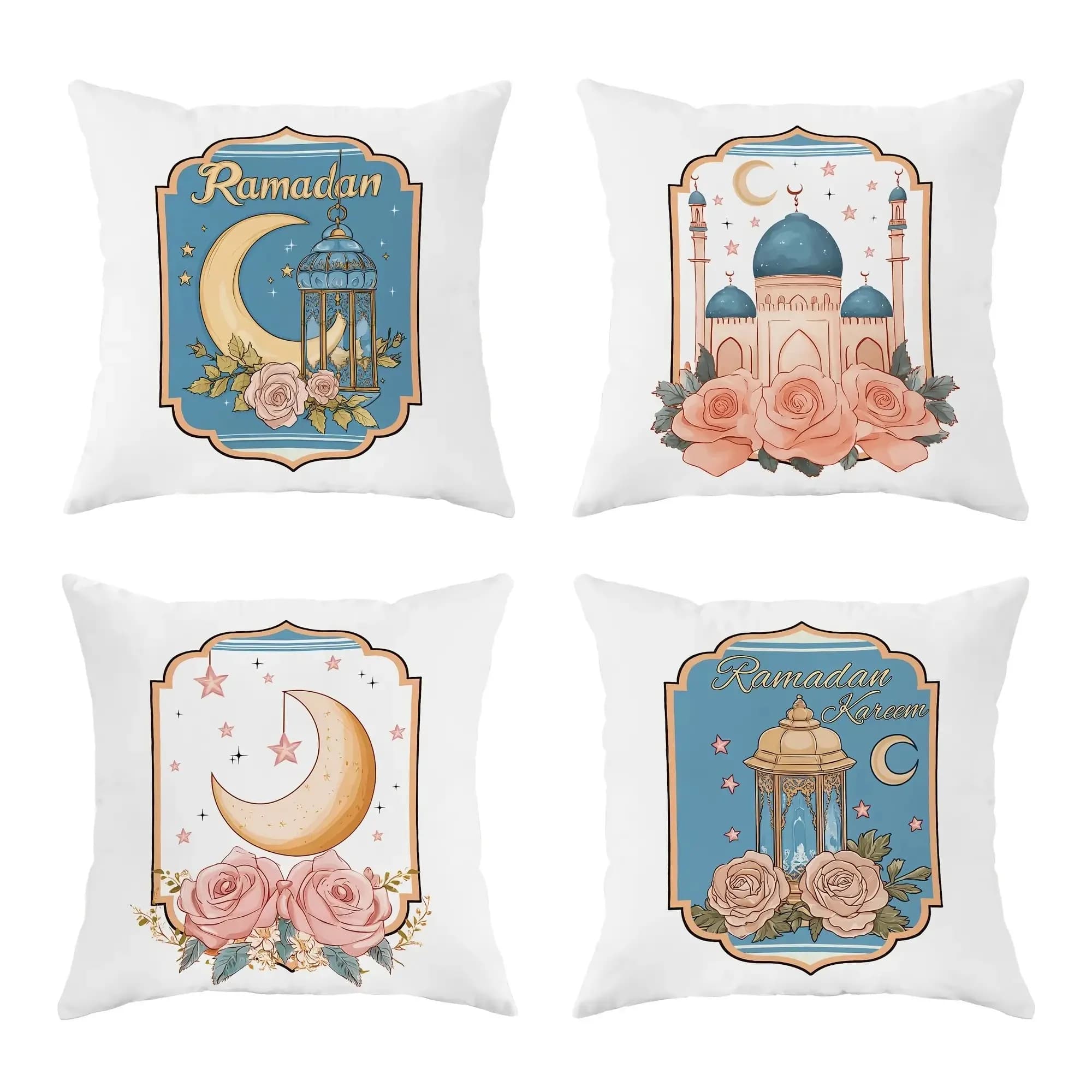 Purple Ramadan Temple Digital Printed Pillow Sheet, in short plush, suitable for living rooms, bedrooms, sofas, 4 pieces.