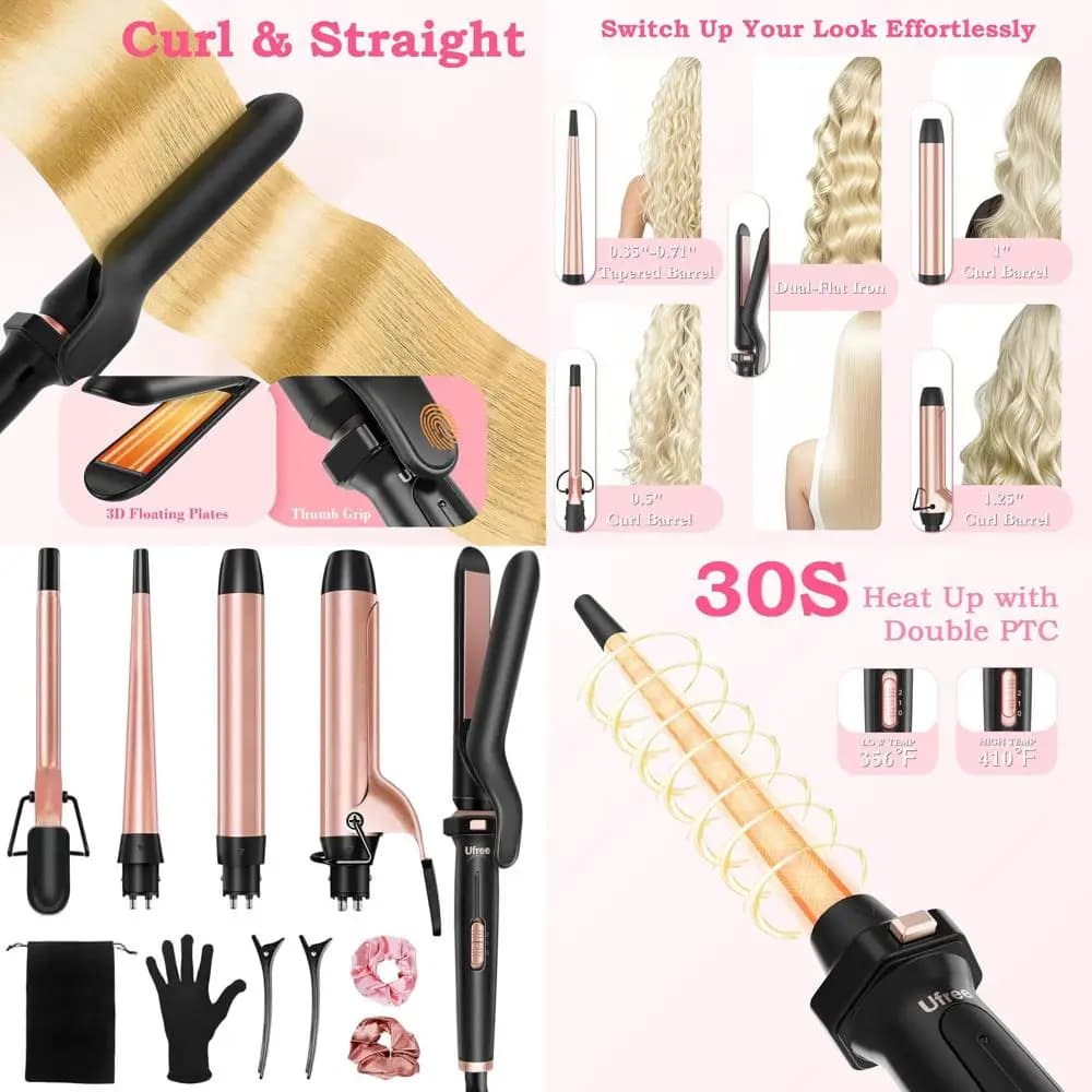 All-in-One Iron Set with 5 Interchangeable Ceramic Cylinders, Hair Plate, Quick Heating, Double Voltage, Gift Ideal for