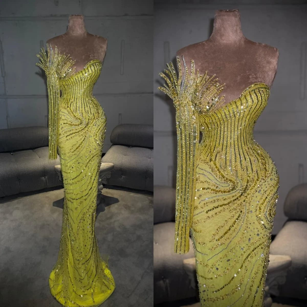 Charming One Shoulder Evening Dress Sequins Floor Length Mermaid Prom Gowns Beaded Customized Formal Party