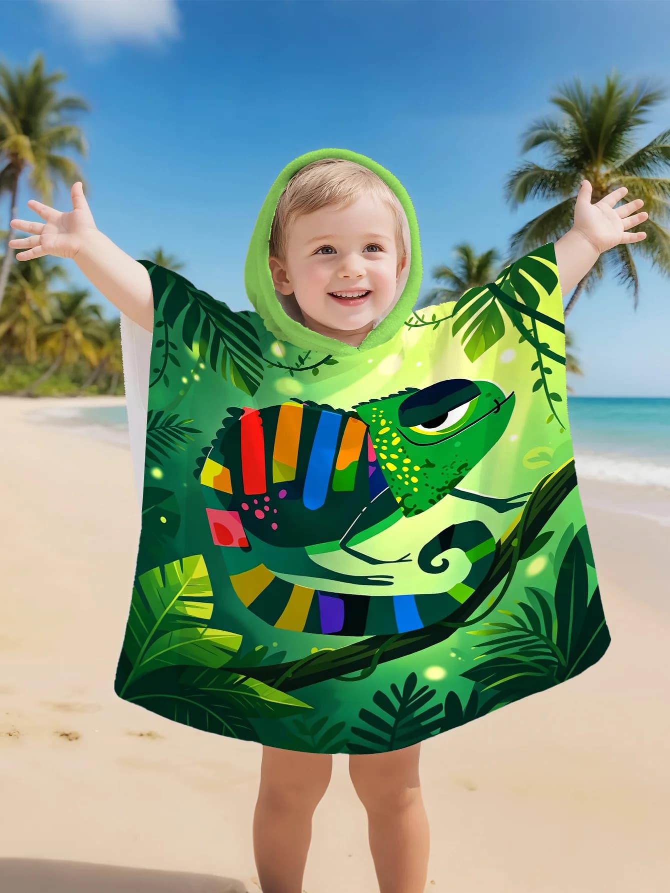 Accappatoio con stampa camaleonte e giungla, morbido e super assorbente, ideale per spiaggia, piscina, mare, campeggio, regalo per bambini e bambine dai 2 ai 9 anni.