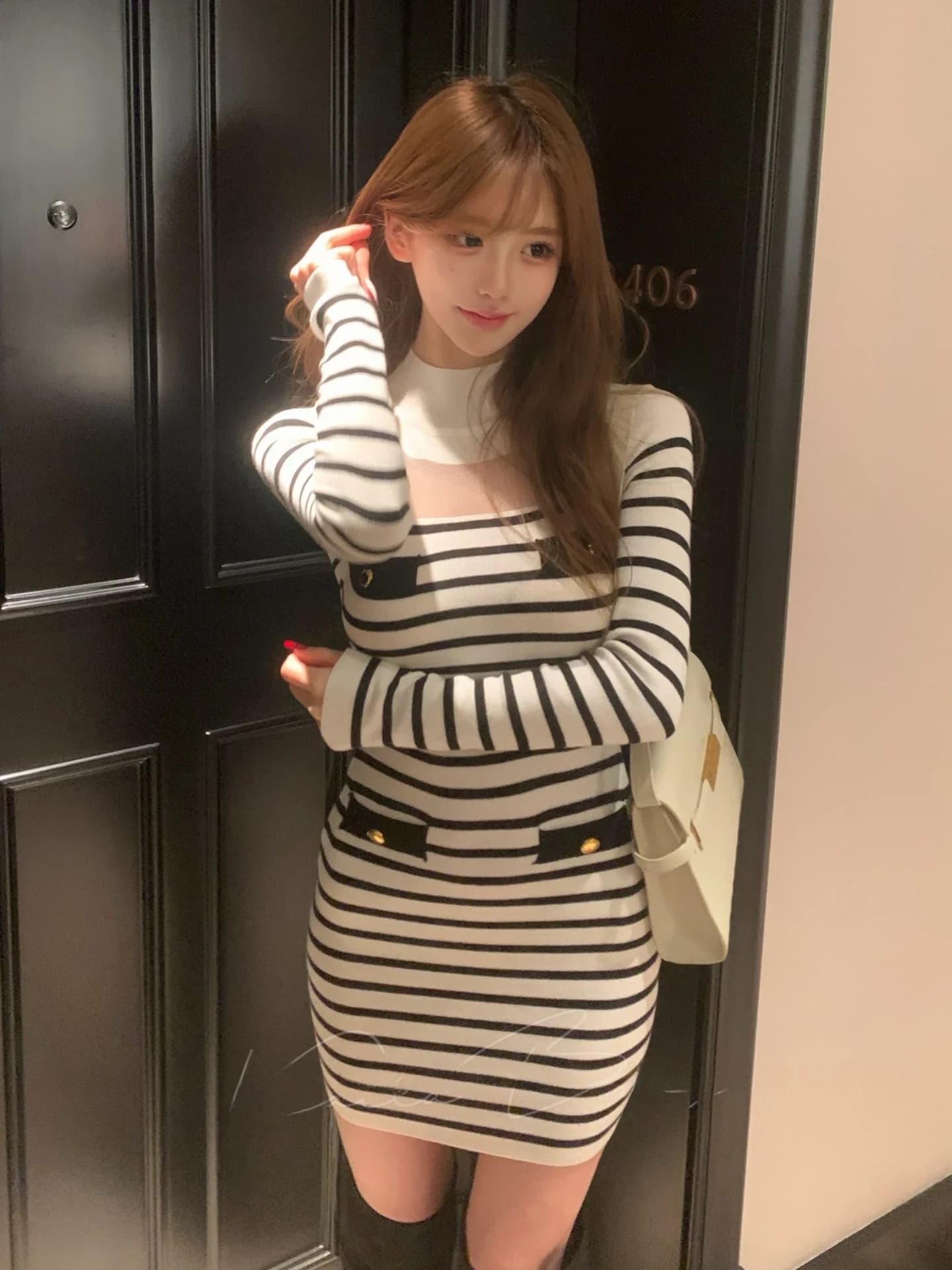 Elegant Women's Knitted Wrap Dress Hollow out Slimming Black White Stripes Autumn Winter Fashion Gentlewoman Style Long Sleeve