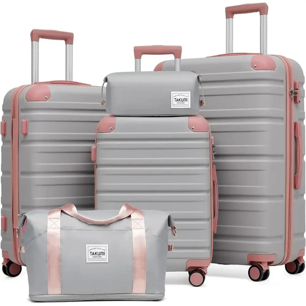 5 Piece Lightweight Carry-On Luggage Set with Dual Spinner Wheels, ABS+PC Hardshell, TSA Lock (Grey Pink)