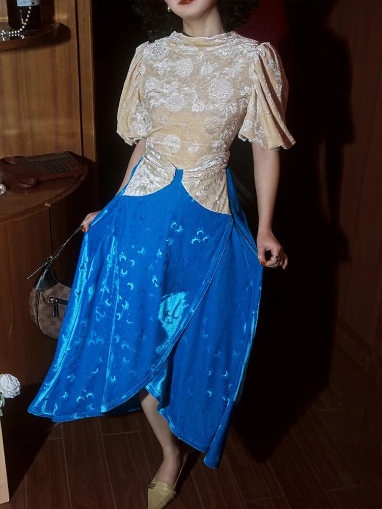 Gonna a trapezio in velluto blu con vita alta e orlo svasato, stile principessa, a mezza lunghezza, casual, da donna