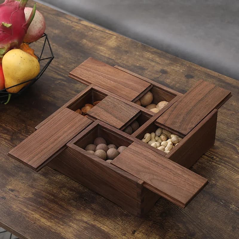 Griglia multifunzionale per scatole di caramelle con coperchio frutta secca Scatola di frutta cinese Jiugongge in legno per matrimoni, articoli generali quotidiani in legno