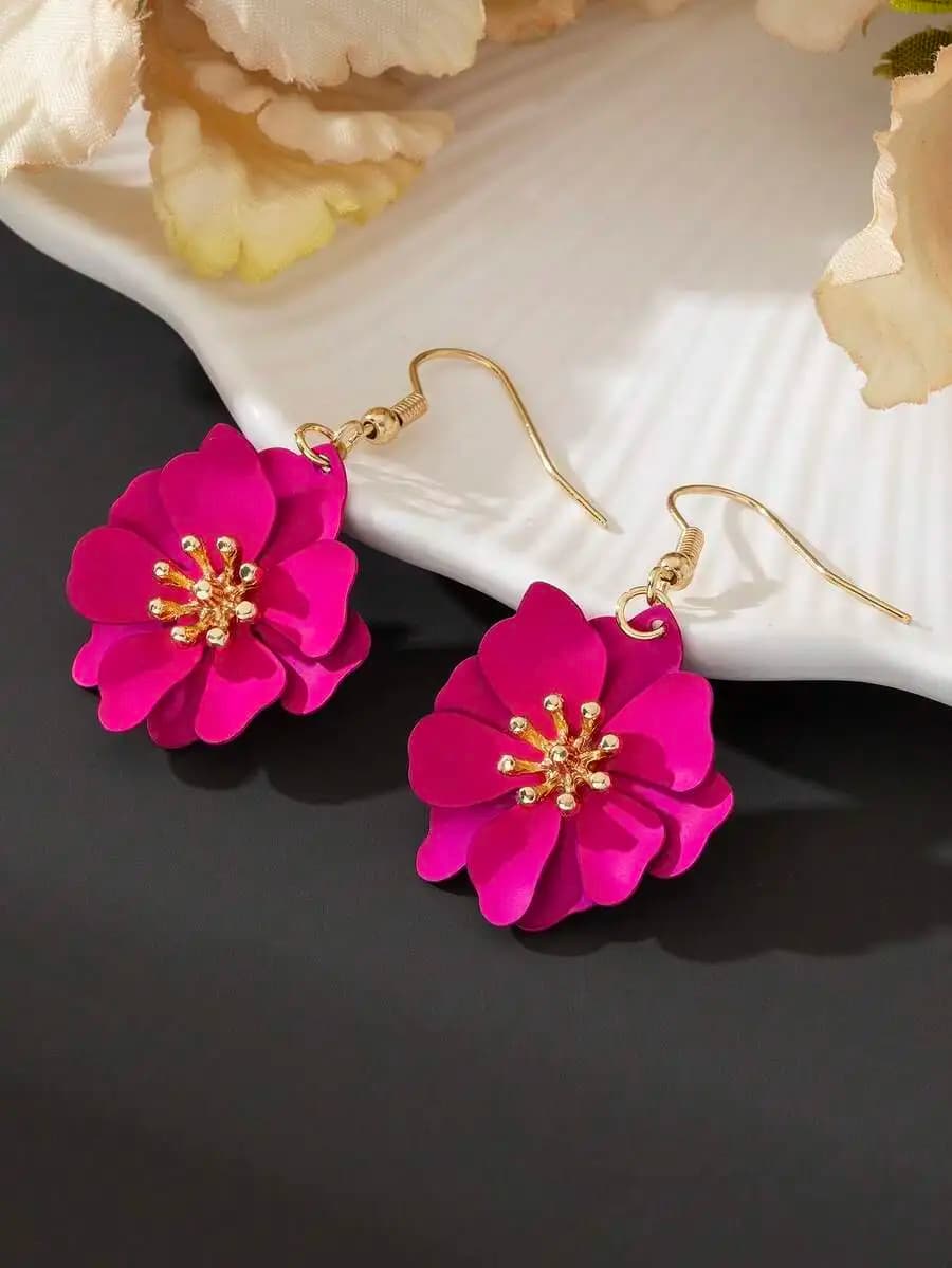 Fuchsia Pink Layered Flower Earrings Vintage Style Fashion Jewelry For Women