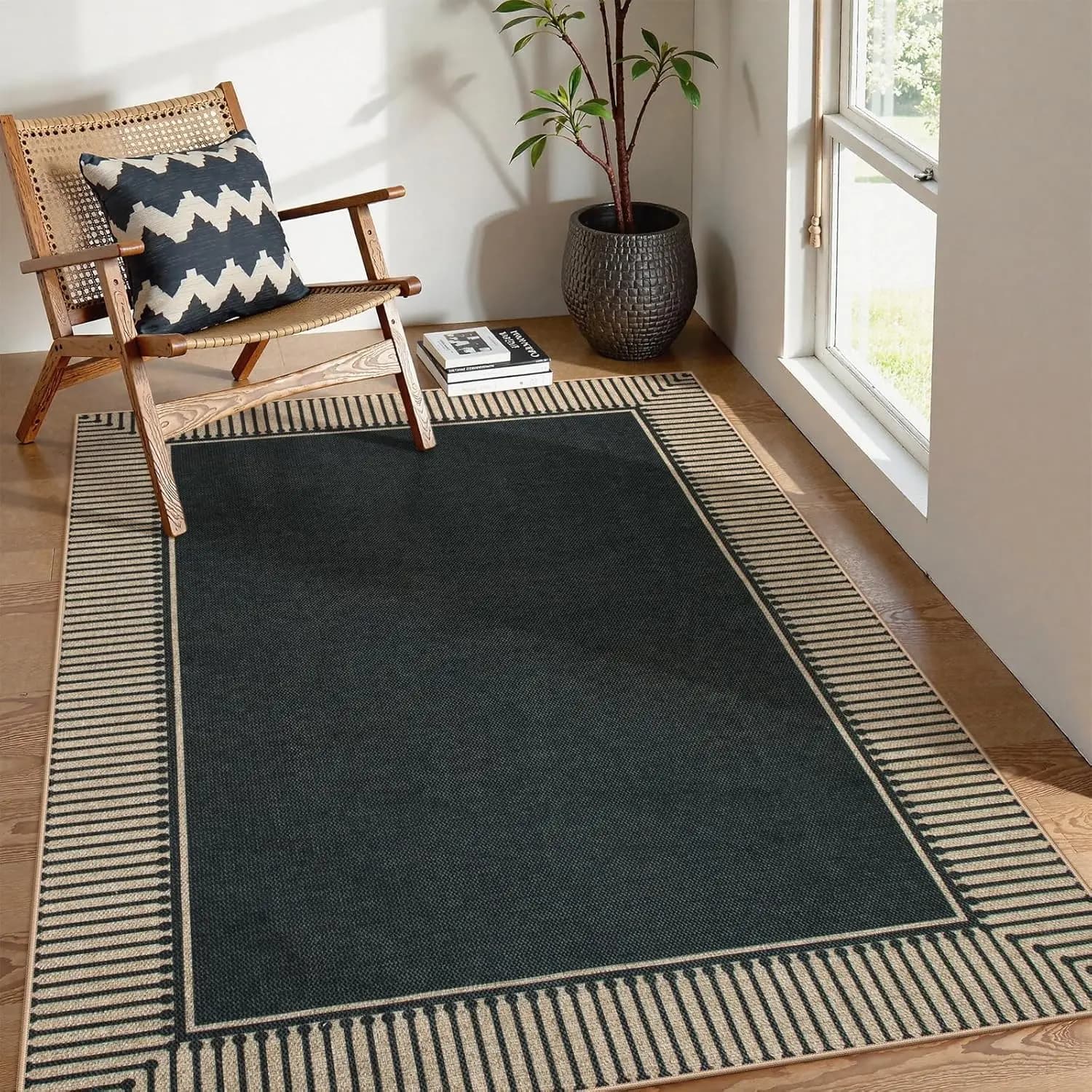 Tappeto da Esterno in Juta con Bordo a Righe 5x7, Tappeto Lavabile per Interni ed Esterni Antiscivolo a Pelo Corto, Tappeto Nero Stile Rustico per Soggiorno e Camera da Letto