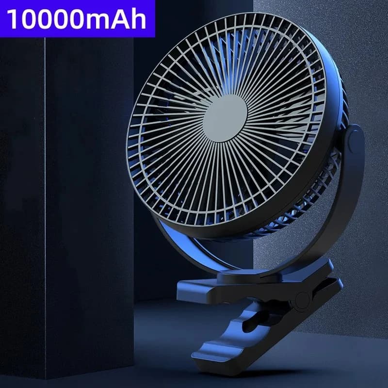 Ventilatore Elettrico da Tavolo USB Ricaricabile per Casa e Ufficio, Batteria 10000mAh, Ventilatore Portatile da Viaggio con Clip, 4 Velocità Regolabili