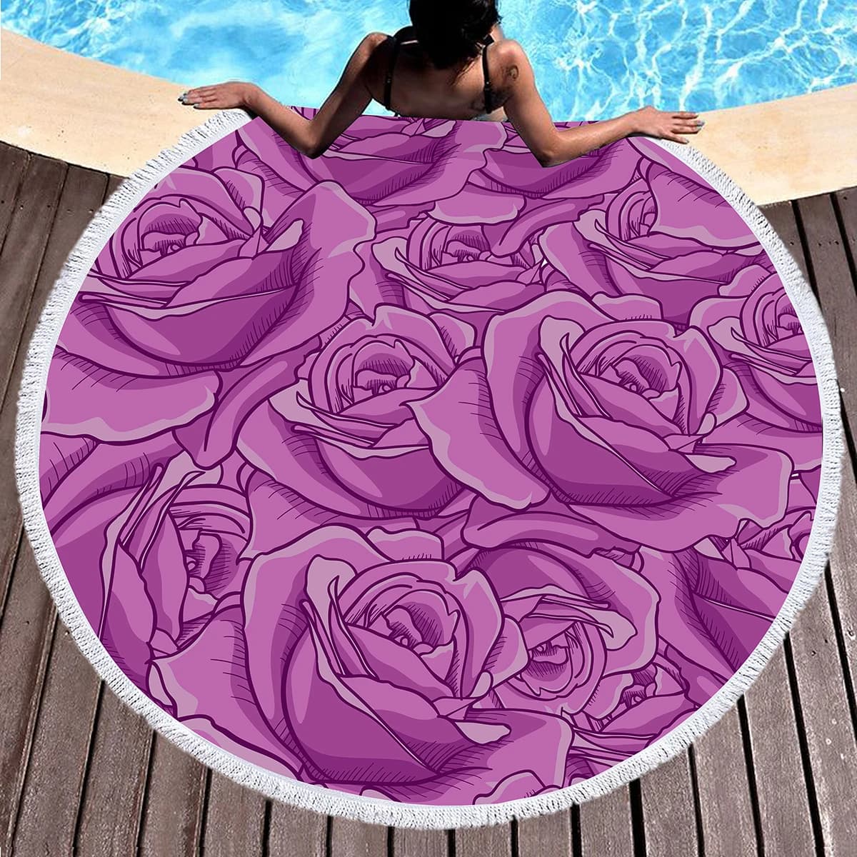 Romantic Round Sea Tel with Rose, Botany Floral Beach Cover, Soft Yoga Mat Anti-Sand Rapid Drying, Bath Towel with Nappe