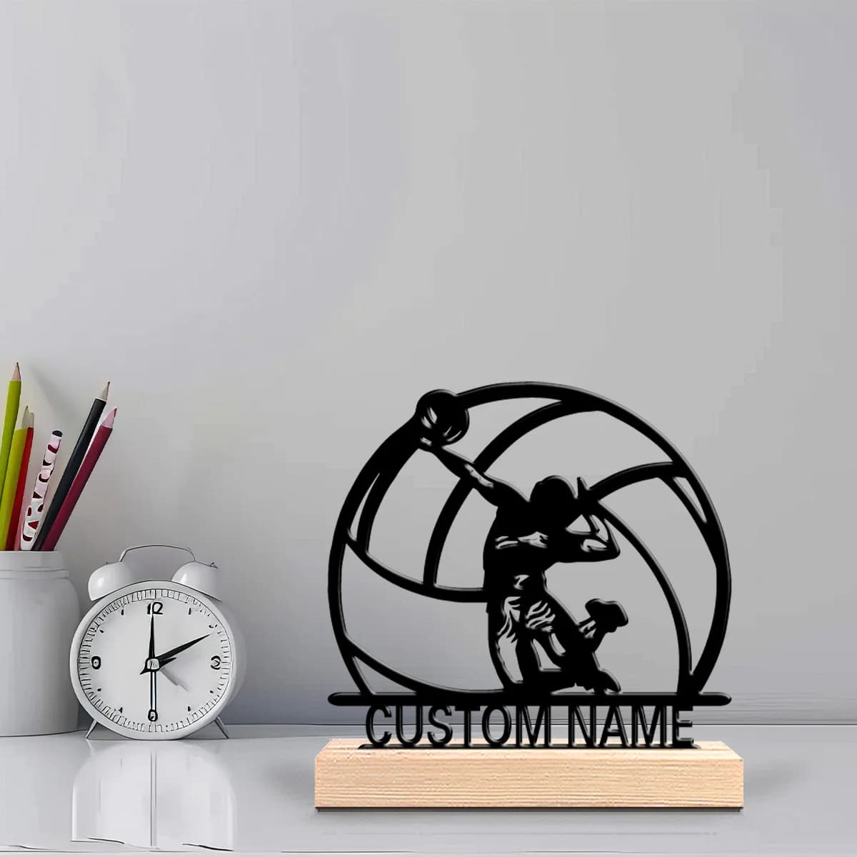 Custom Metal Statue of Pallavolisti, Gift for Sports enthusiasts, with Wood Base, Perfect for Bedrooms