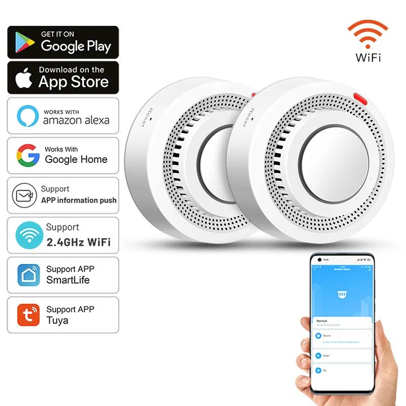 2 Pack Tuya Smart WiFi Smoke Detector With Real-Time APP Alerts Wireless Fire Sensor Alarm 85dB Sound for Home/Office