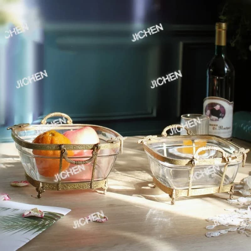 JCT Ottone Vetro Frutto Piatto Binaurale Insalata Snack Vassoio Piatti Secchi Dessert Dim Sum Decorativo