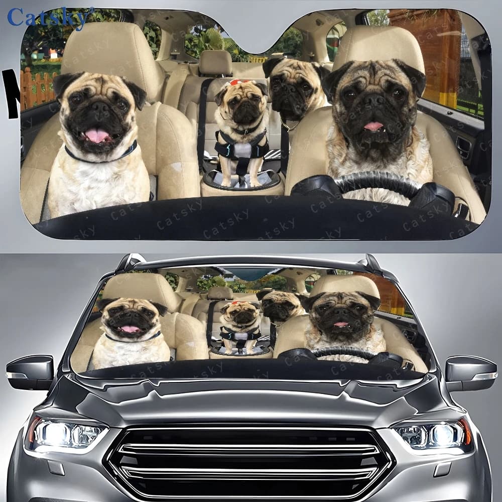 Parasole per auto con immagine di Pug seduti sul sedile posteriore, parasole per finestrino anteriore, copertura parasole per auto
