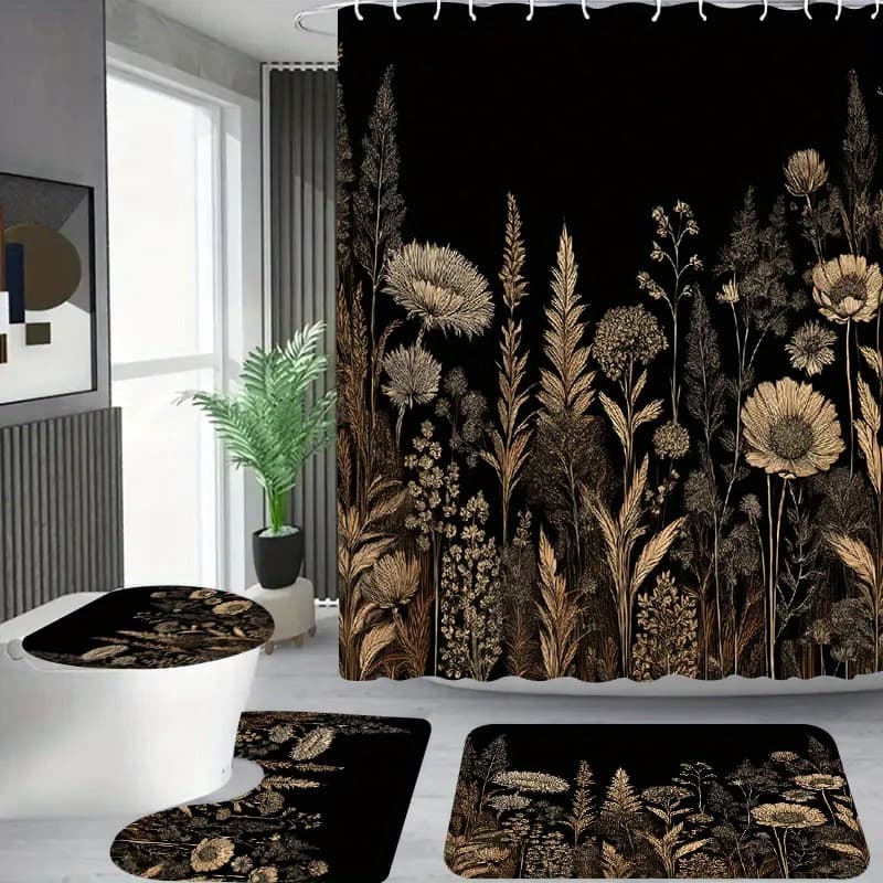 Set di tende da doccia con motivo floreale dorato da 4 pezzi - Tenda da doccia con 12 ganci, tappetino da bagno antiscivolo, tappetino per WC a forma di U, WC