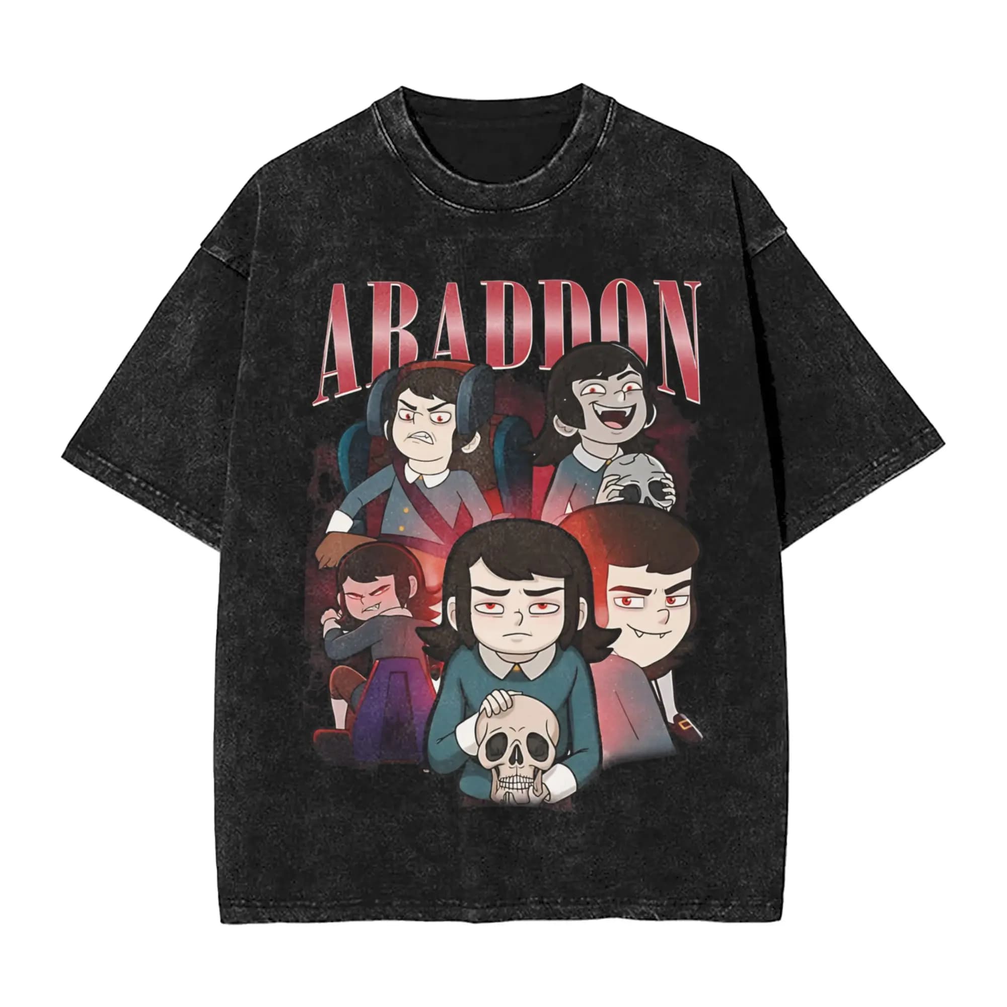 T-shirt stampata con cartone animato Haunted Hotel Abaddon, effetto lavato, stile Harajuku, per uomo e donna