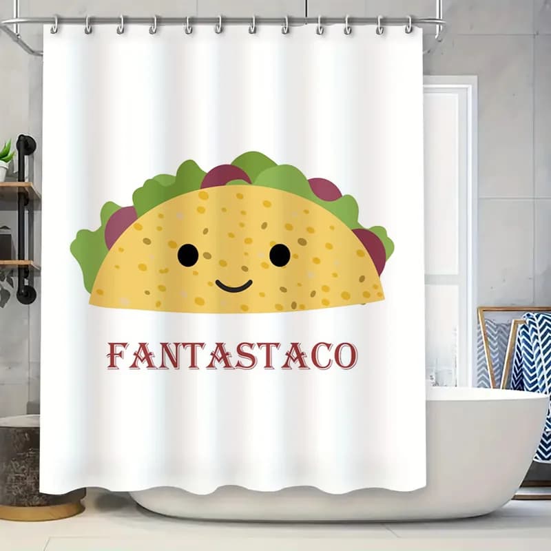 FANTASTACO Tenda da doccia Taco per arredamento bagno Colore giallo con scritta rossa (bianca) 180 x 175 cm Logo personalizzato gratuito Prin