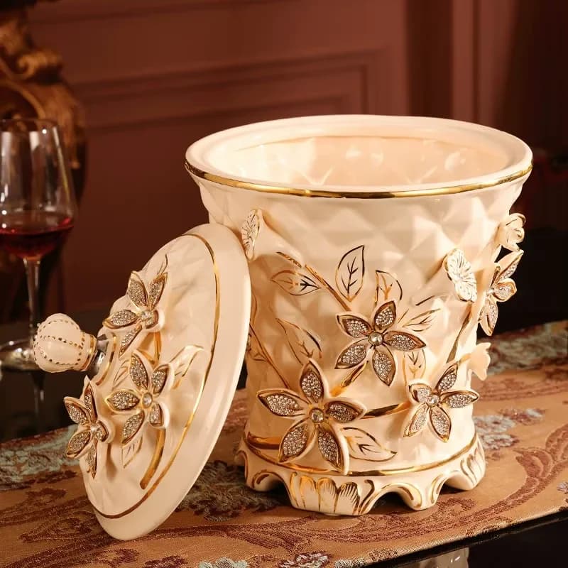 European Style Ceramic Non Pedal Trash Can Creative Living Room Bathroom Desktop Paper Basket Storage Bucket Large Household