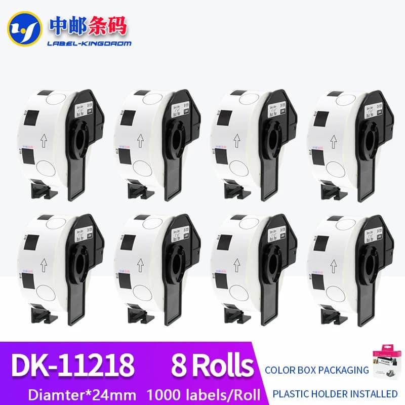 8 rotoli di etichette geniche DK-11218 compatibili con stampante termica Brother diametro 24 mm rotonde tutte arrivate con supporto in plastica