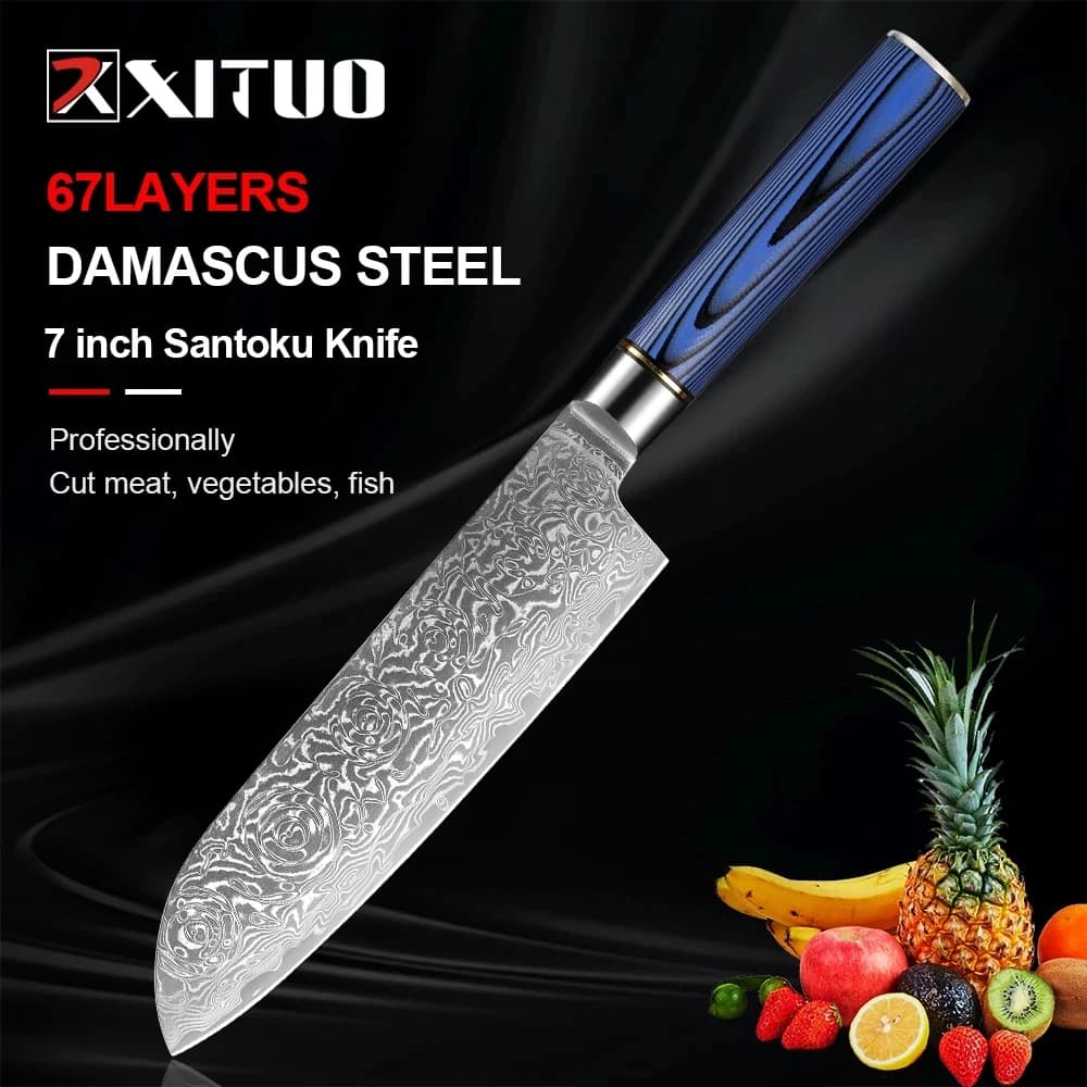 XITUO Damascus Steel Kitchen 7 Inch Chef Santoku Knife Slicing Knife for Vegetable and Meat Sharp Cooking Knife Blue G10 Handle
