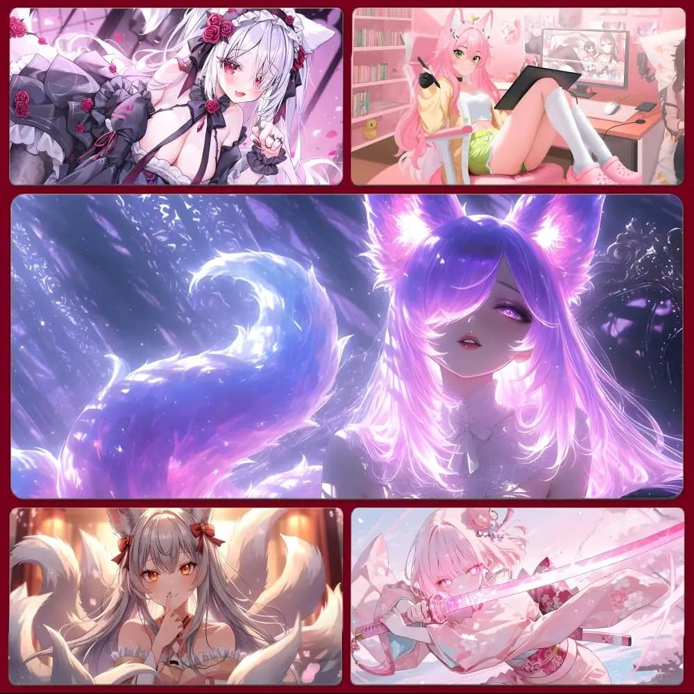 Tappetino per mouse da gioco grande con bordi cuciti, spesso, per PC, con personaggio simpatico K-Kawaii kitsune, ragazza volpe carina