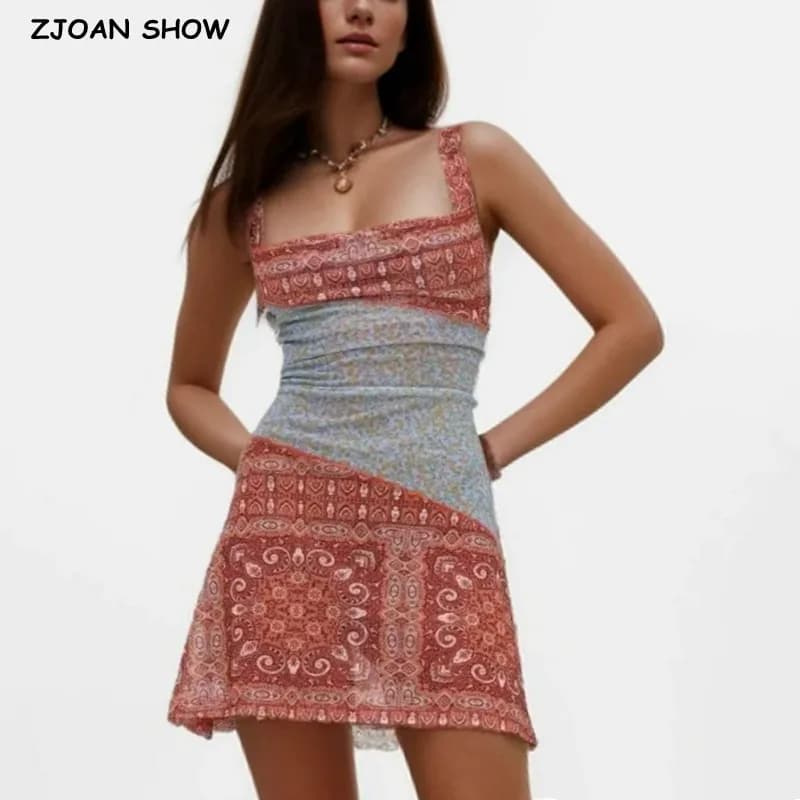 2024 Sexy increspato U Collar Contrast Color Totem Flower Print Mini Mesh Sling Dress pacchetti donna fianchi abito foderato A con fodera