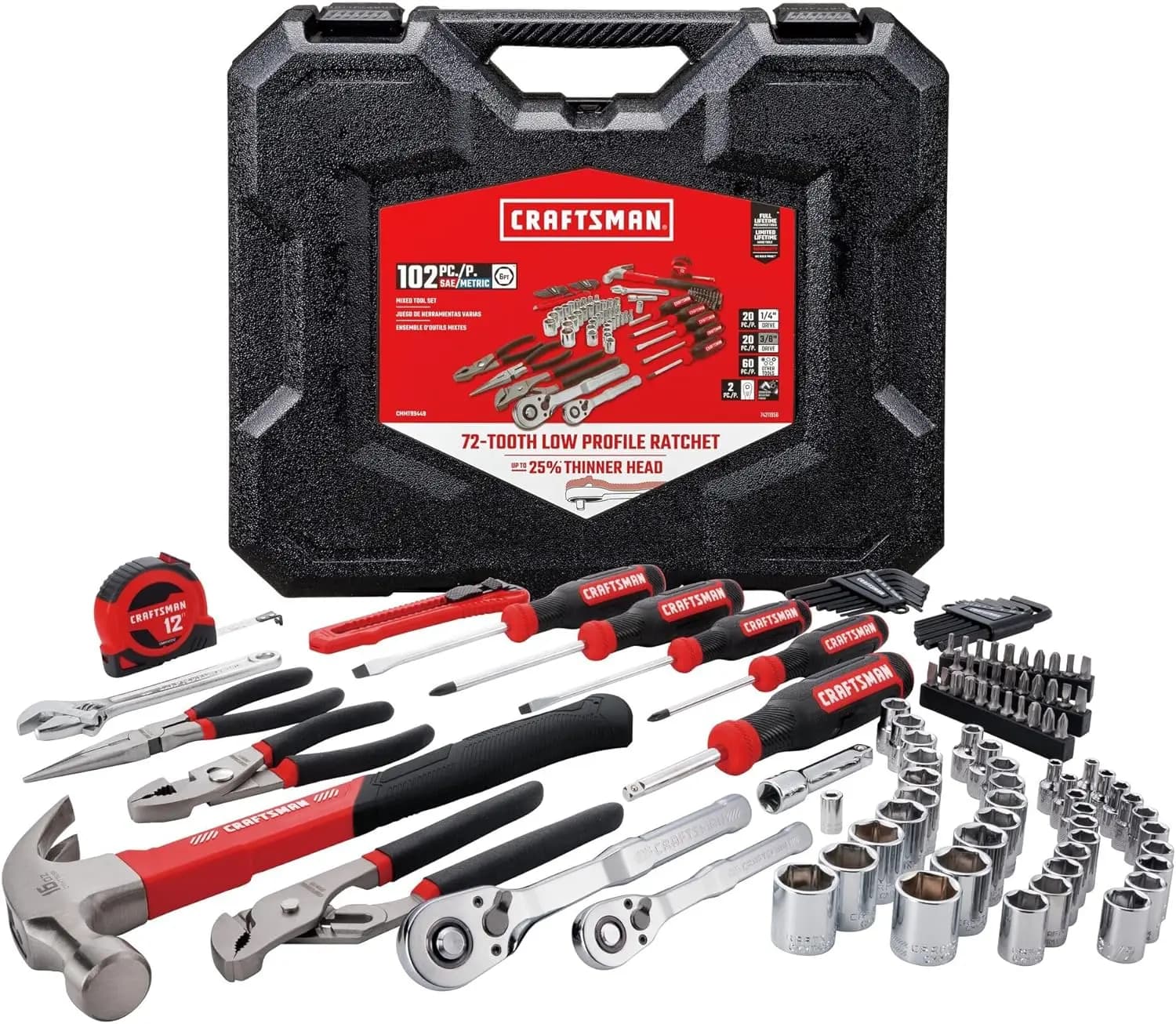 Kit di Attrezzi da 102 Pezzi per Casa e Auto, Set di Utensili Manuali Durevoli con Chiavi a Bussola SAE/Metriche, Cacciaviti, Chiavi Inglesi