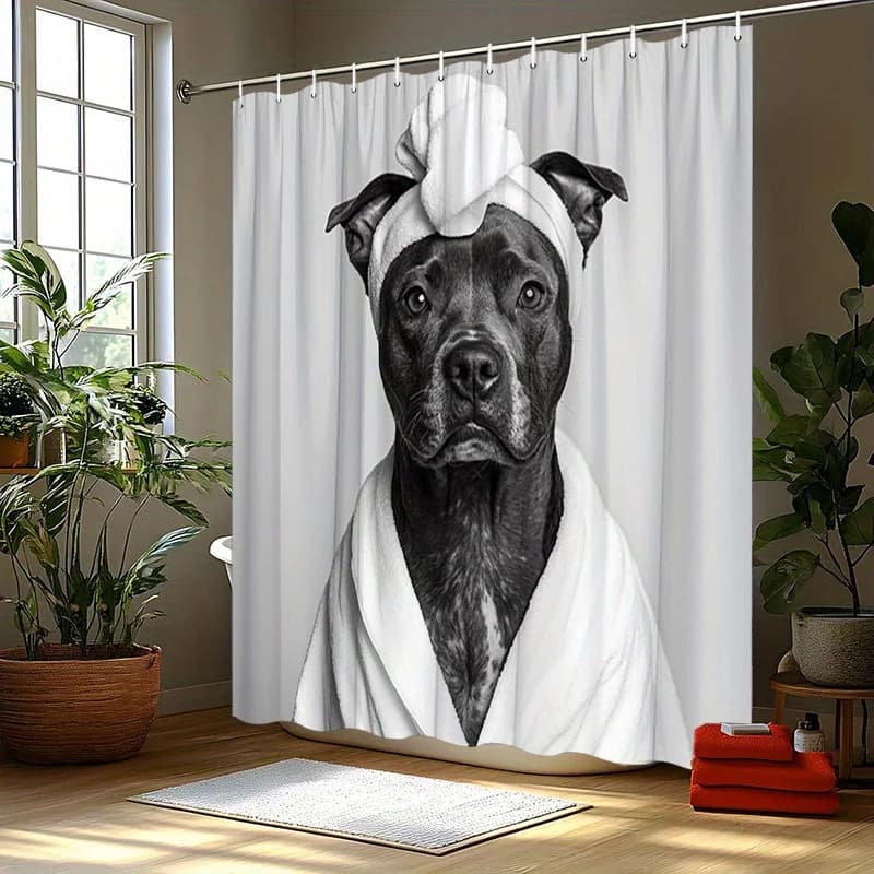 Shower Curtain Funny Shower Curtains for Bathroom Pitbull Bathrobe Shower Curtain - Black & White Dog Design, Includes Turban &