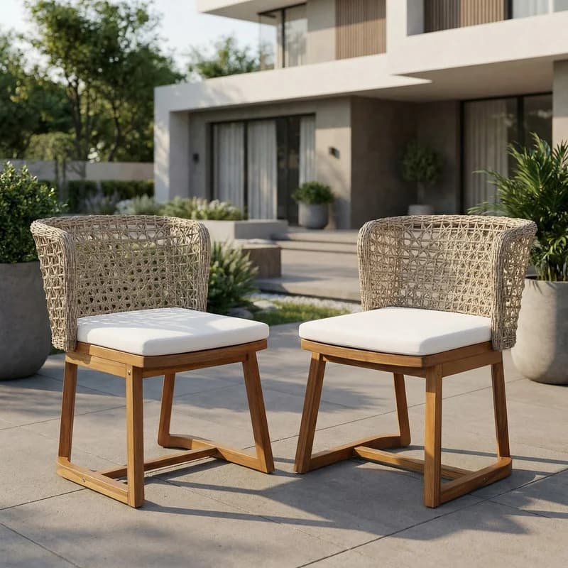 Set di 2 sedie da patio in legno di acacia, finitura teak con cuscino beige e schienale in vimini marrone chiaro, sedie da giardino resistenti alle intemperie