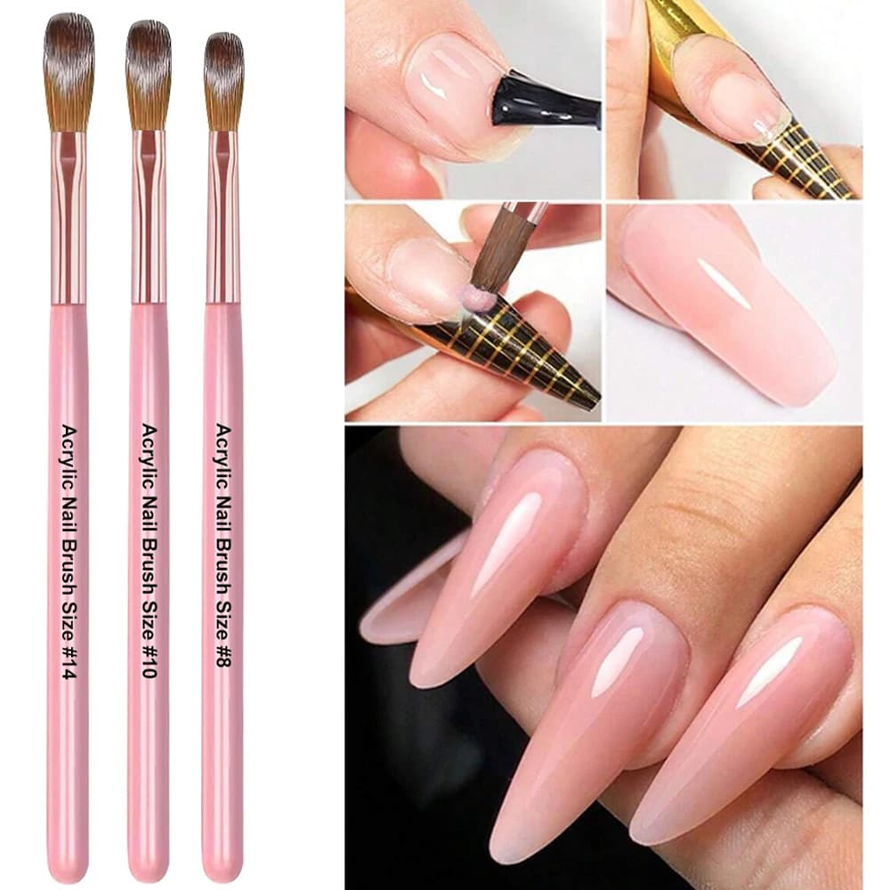Pennello per unghie per applicazione acrilica da 3 pezzi 8/10/14 # Pennelli professionali per unghie rosa per estensione polvere acrilica Nail Art Penna per intaglio 3D