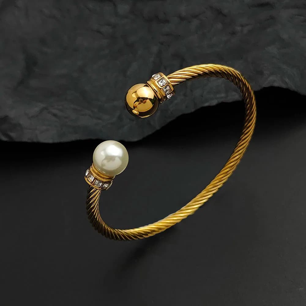 Creative steel wire pearl zircon gold-plated stainless steel women's bracelet, waterproof and rust-free, couple bracelet
