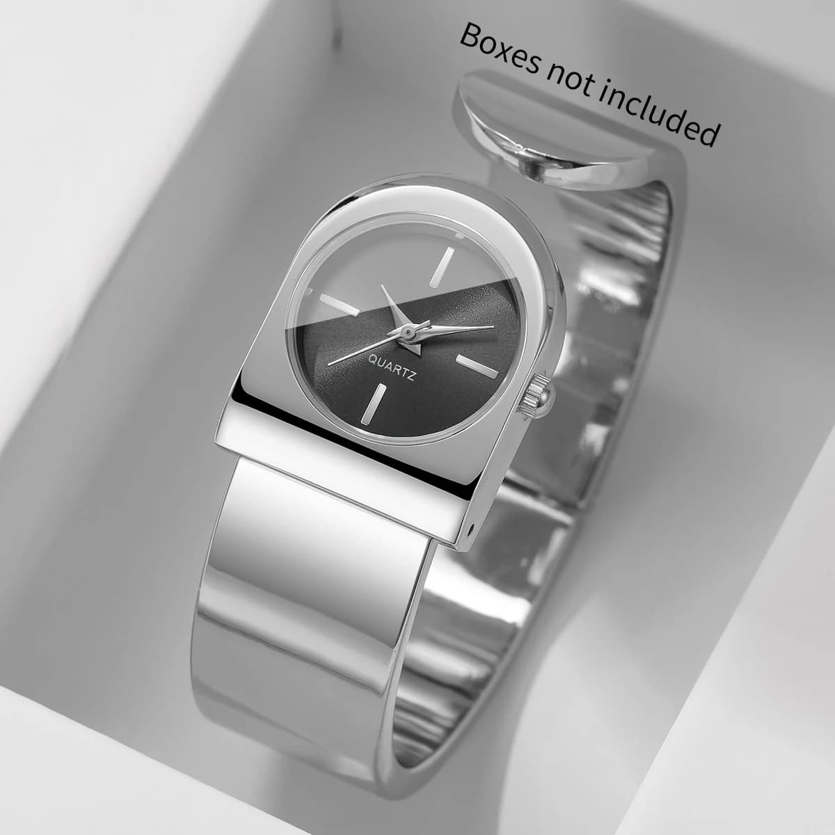 Fashion Silvery Cuff Bangle Strap Women Watches Unique Shaped Black Dial Quartz Wristwatch Relogio Feminino (Without Box)