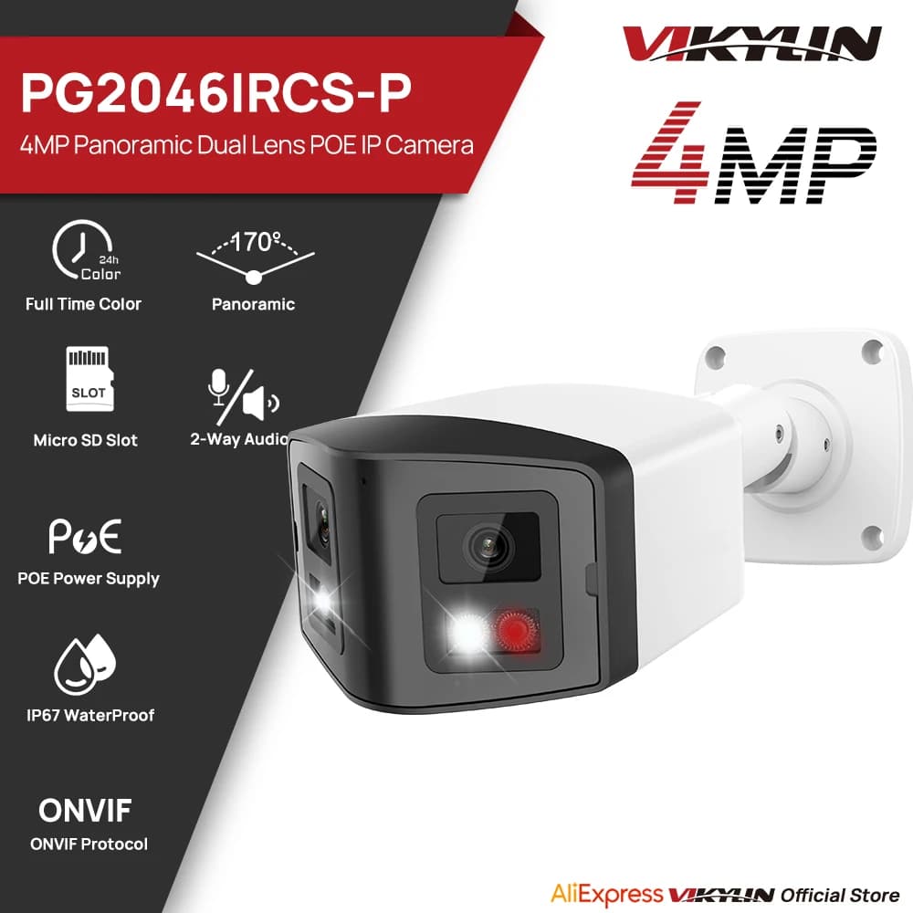 VIKYLIN 170 ° Telecamera di Sicurezza Panoramica Intelligente a Doppia Luce 4MP, Telecamera IP a Doppia Lente per Videosorveglianza Esterna con POE Onvif IP67